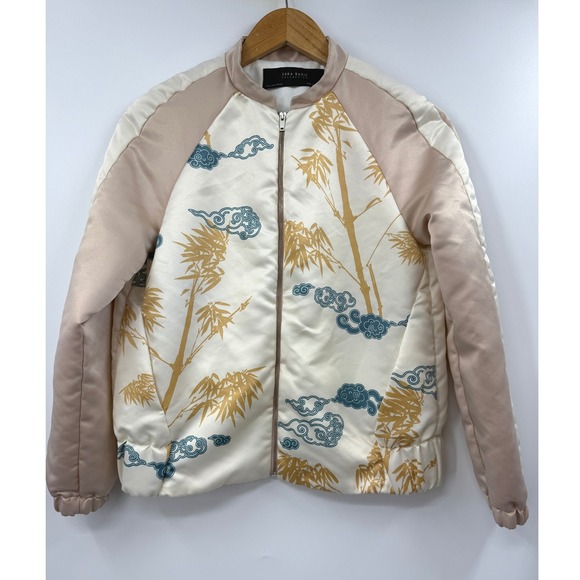 Zara Basic Collection Jackets & Blazers - Zara Basic Women Cream Pink Tiger Bamboo Print Satin Bomber Jacket Small